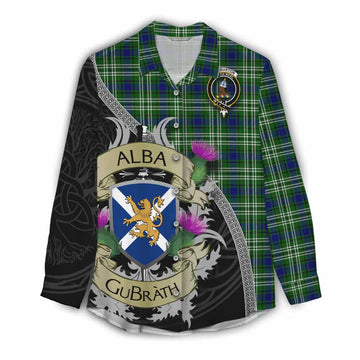 Haliburton Tartan Family Crest Women's Casual Shirt Lion Rampant Royal Thistle Shield Celtic Inspired Female - Tartan Vibes Clothing