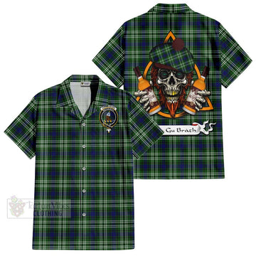 Haliburton Tartan Hawaiian Shirt with Family Crest and Bearded Skull Holding Bottles of Whiskey Kid - Tartan Vibes Clothing