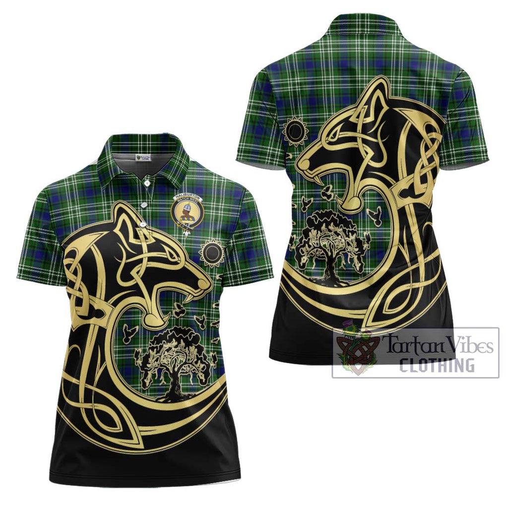 Haliburton Tartan Women's Polo Shirt with Family Crest Celtic Wolf Style Women - Tartan Vibes Clothing