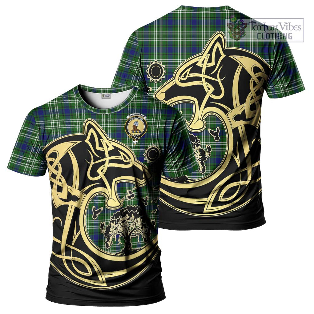 Haliburton Tartan T-Shirt with Family Crest Celtic Wolf Style Kid's Shirt - Tartan Vibes Clothing