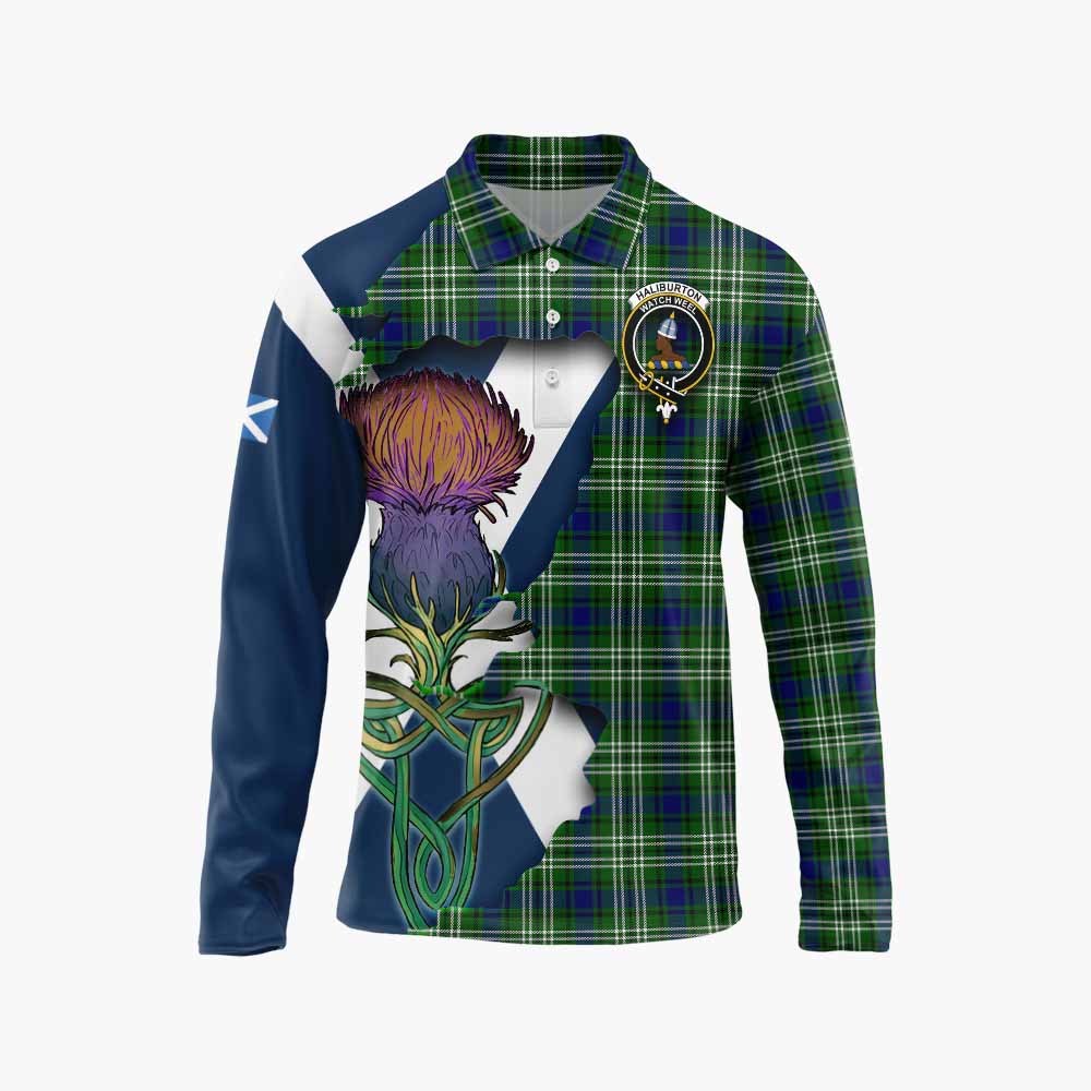 Haliburton Tartan Family Crest Long Sleeve Polo Shirt Scottish Thistle Celtic Inspired Unisex - Tartan Vibes Clothing