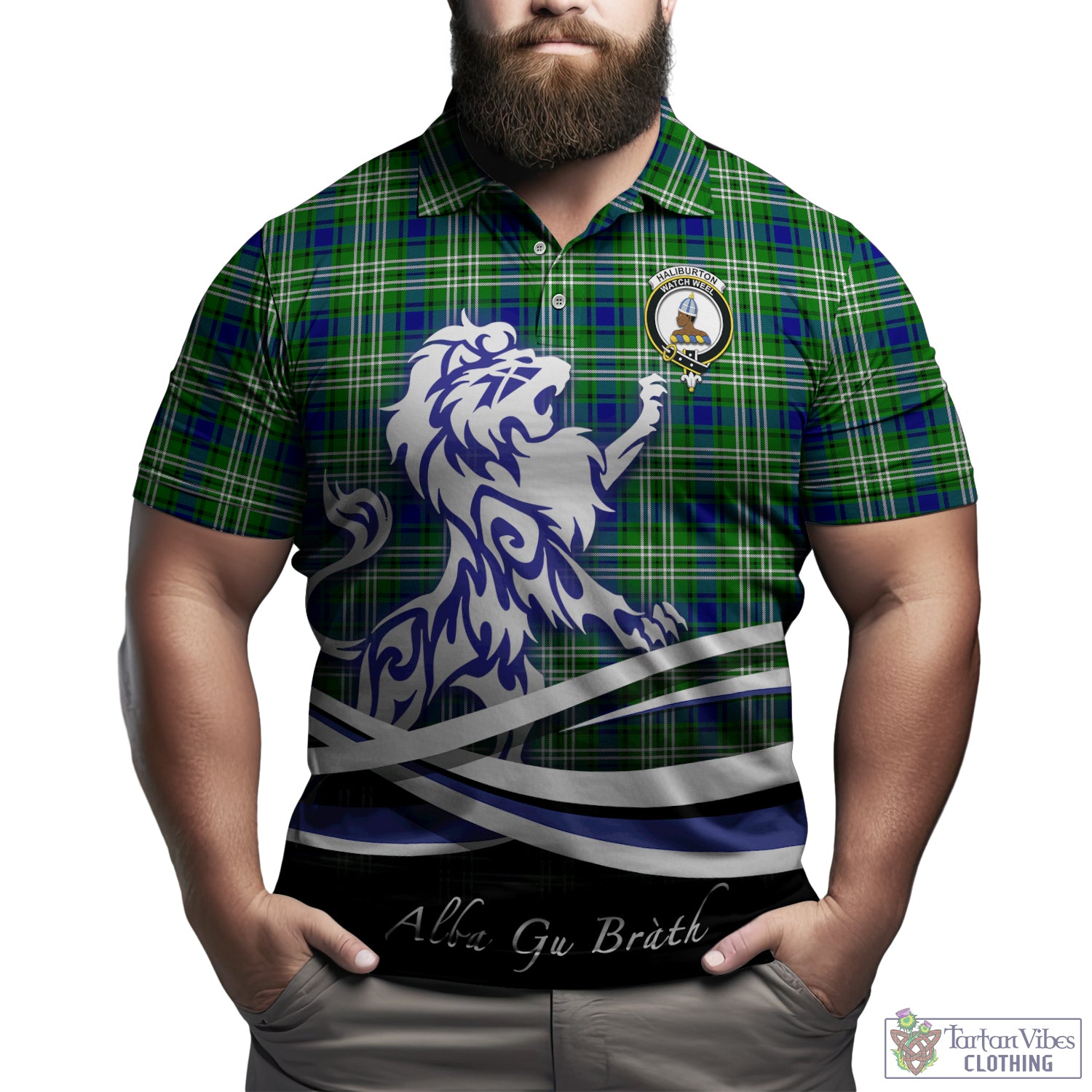 Haliburton Tartan Polo Shirt with Alba Gu Brath Regal Lion Emblem Kid - Tartan Vibes Clothing