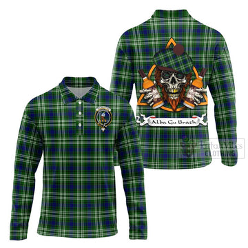Haliburton Tartan Long Sleeve Polo Shirt with Family Crest and Bearded Skull Holding Bottles of Whiskey Unisex - Tartan Vibes Clothing