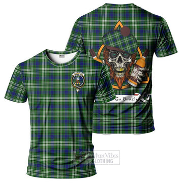 Haliburton Tartan T-Shirt with Family Crest and Bearded Skull Holding Bottles of Whiskey Kid's Shirt - Tartan Vibes Clothing
