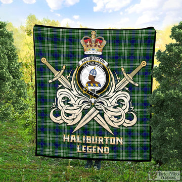 Haliburton Tartan Quilt with Clan Crest and the Golden Sword of Courageous Legacy Super King Quilt 91" x 110" - Tartan Vibes Clothing