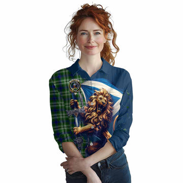 Haliburton Tartan Family Crest Women's Casual Shirt with Scottish Majestic Lion Female - Tartan Vibes Clothing