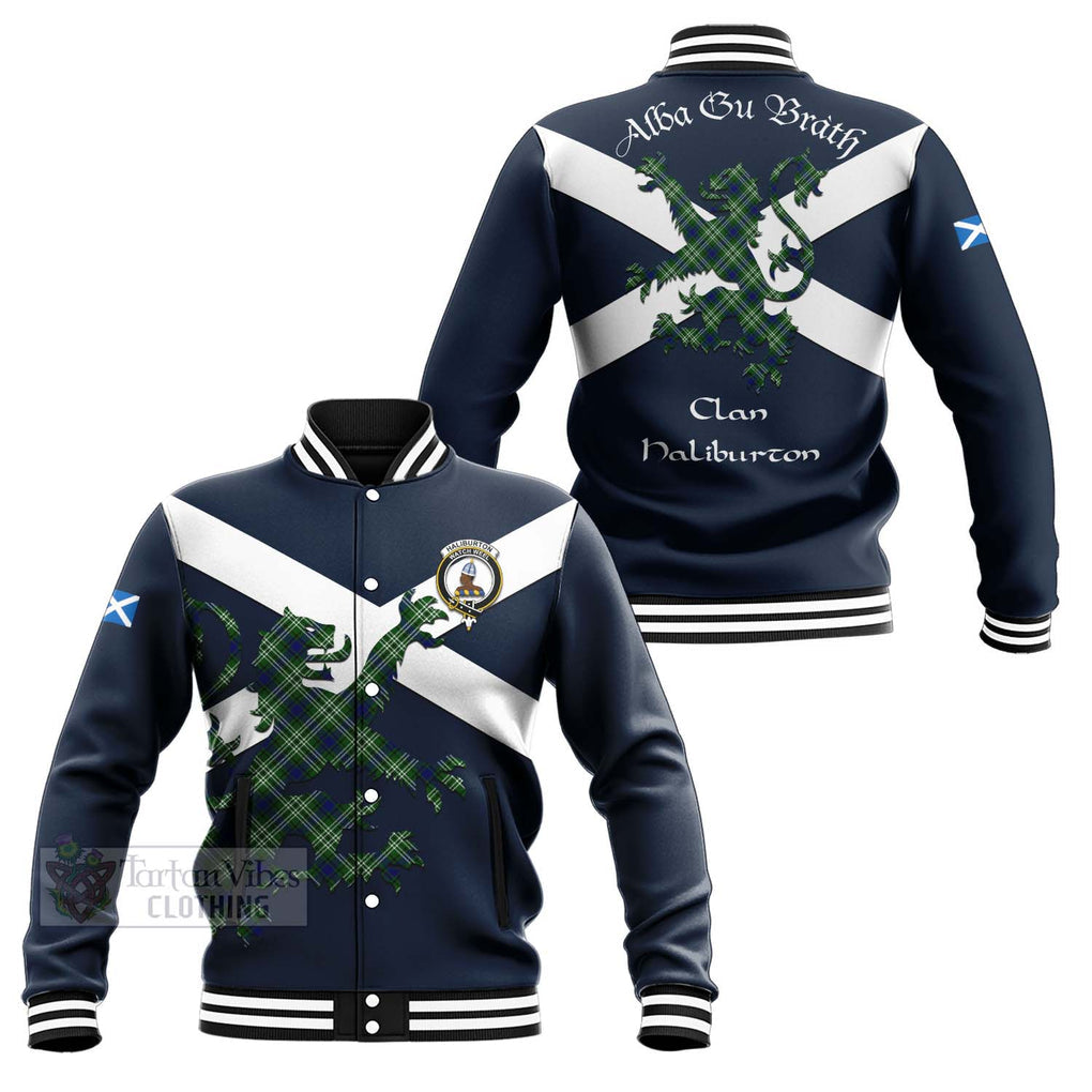 Haliburton Tartan Lion Rampant Baseball Jacket Proudly Display Your Heritage with Alba Gu Brath and Clan Name Unisex - Tartan Vibes Clothing