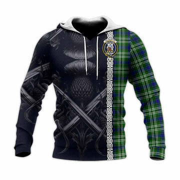 Haliburton Tartan Knitted Hoodie with Family Crest Cross Sword Thistle Celtic Vibes Unisex Knitted Pullover Hoodie - Tartan Vibes Clothing
