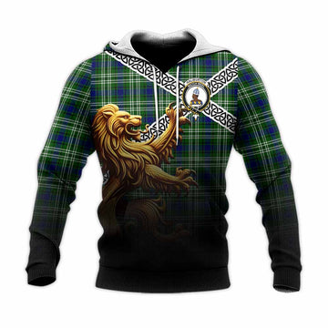 Haliburton Crest Tartan Knitted Hoodie with Golden Lion Emblem Celtic Style Unisex Knitted Pullover Hoodie - Tartan Vibes Clothing