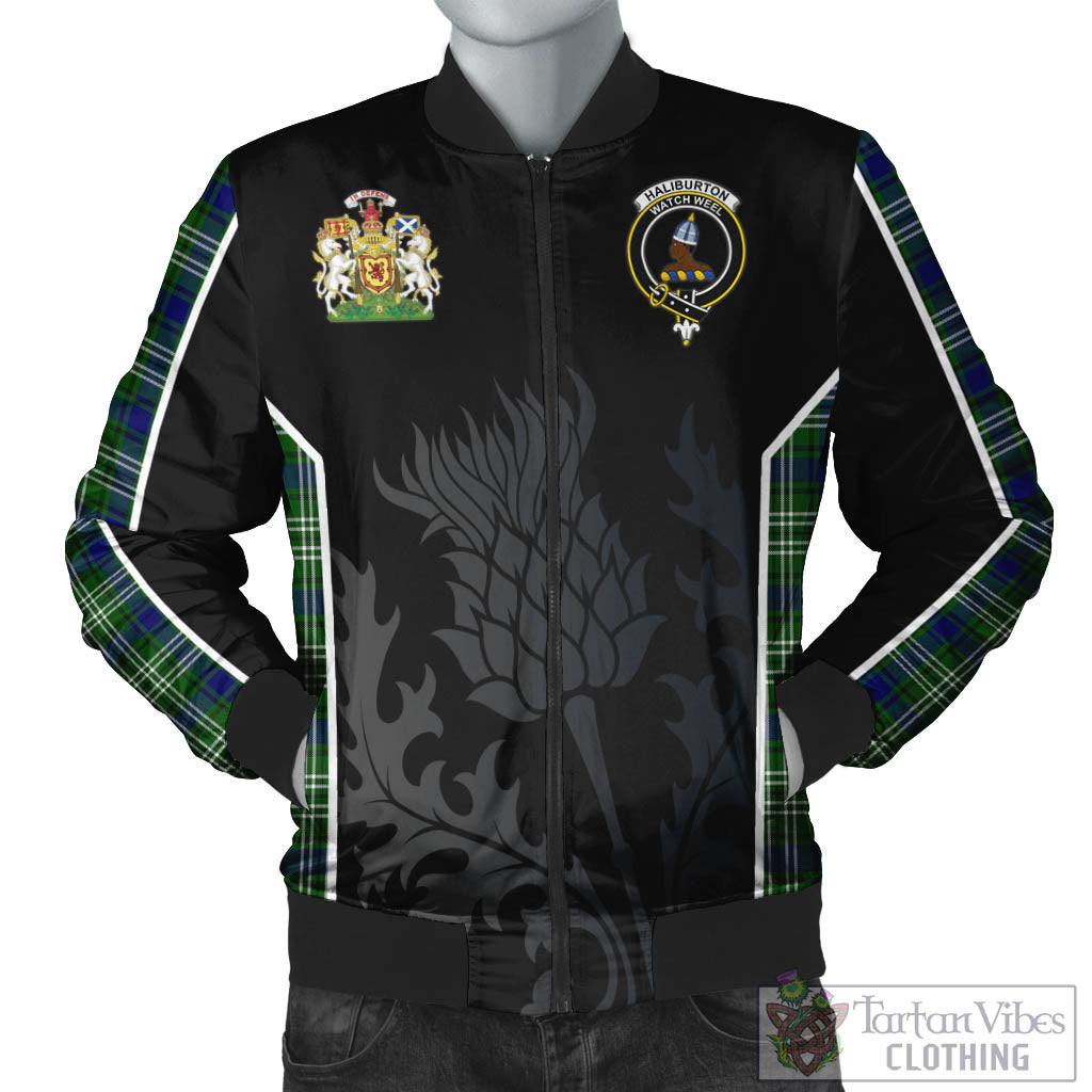 Haliburton Tartan Bomber Jacket with Family Crest and Scottish Thistle Vibes Sport Style Unisex Black - Tartan Vibes Clothing