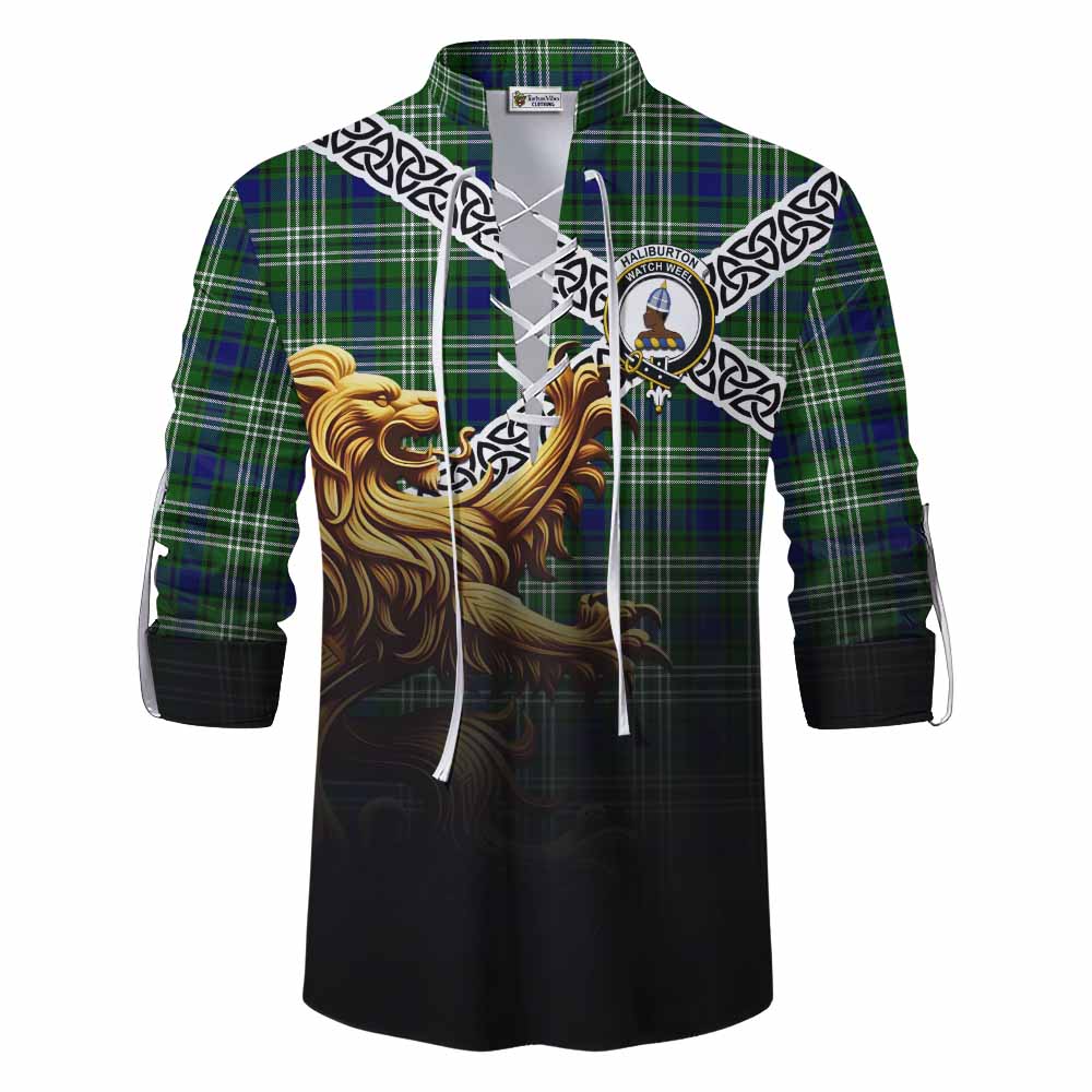 Haliburton Crest Tartan Ghillie Kilt Shirt with Golden Lion Emblem Celtic Style Men - Tartan Vibes Clothing