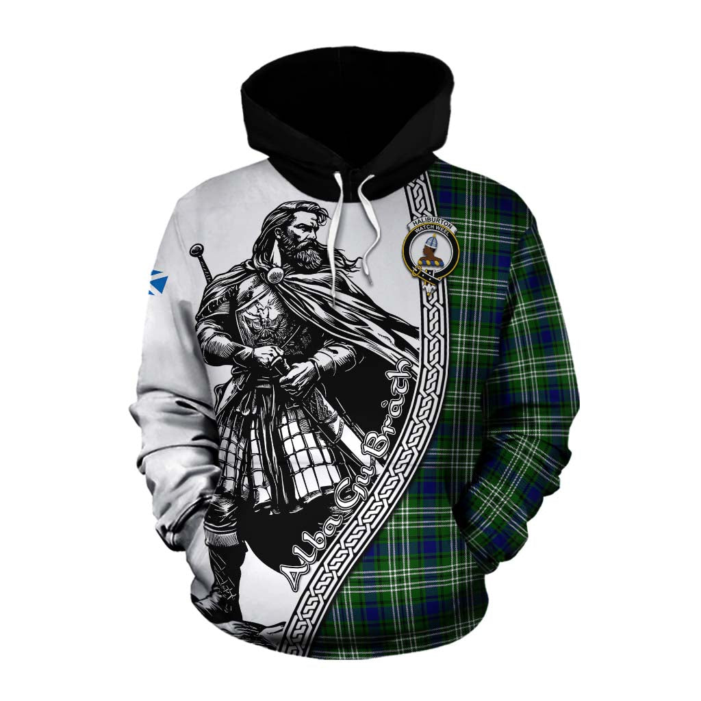 Haliburton Tartan Clan Crest Cotton Hoodie with Highlander Warrior Celtic Style Pullover Hoodie XS - Tartan Vibes Clothing