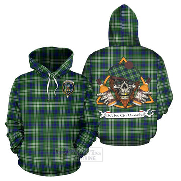 Haliburton Tartan Hoodie with Family Crest and Bearded Skull Holding Bottles of Whiskey Zip Hoodie - Tartan Vibes Clothing