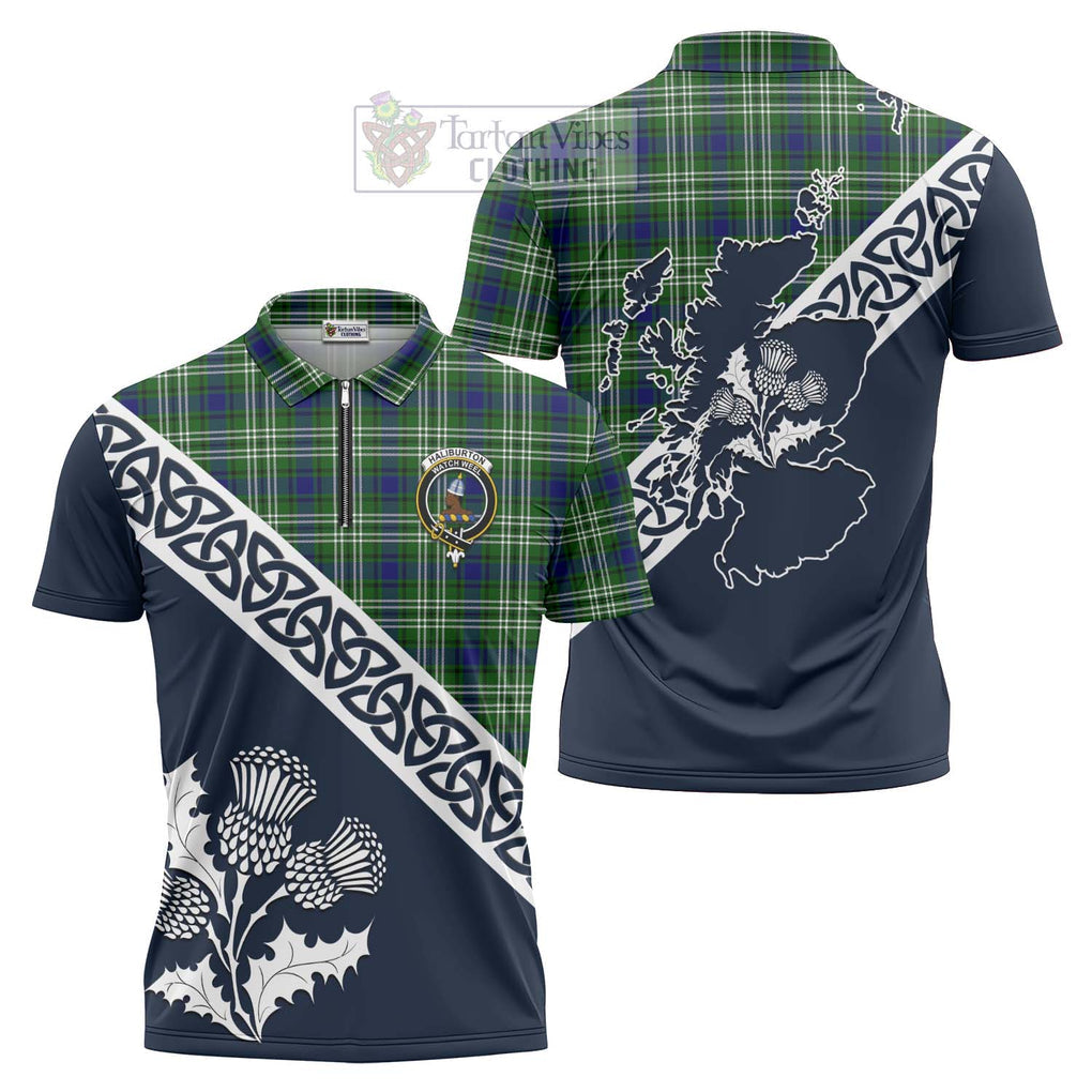 Haliburton Tartan Zipper Polo Shirt Featuring Thistle and Scotland Map Unisex - Tartanvibesclothing Store