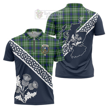 Haliburton Tartan Zipper Polo Shirt Featuring Thistle and Scotland Map Unisex - Tartanvibesclothing Store