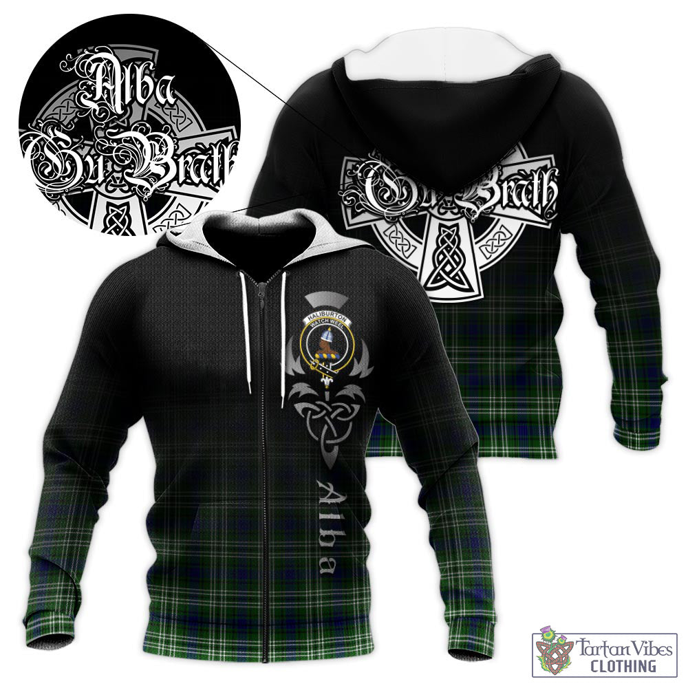 Haliburton Tartan Knitted Hoodie Featuring Alba Gu Brath Family Crest Celtic Inspired Unisex - Tartan Vibes Clothing