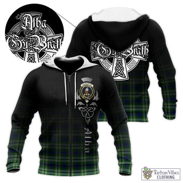 Haliburton Tartan Knitted Hoodie Featuring Alba Gu Brath Family Crest Celtic Inspired