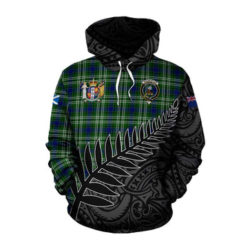 Tartan Vibes Clothing Haliburton Crest Tartan Cotton Hoodie with New Zealand Silver Fern Half Style