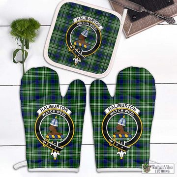 Haliburton Tartan Combo Oven Mitt & Pot-Holder with Family Crest Combo 2 Oven Mitt & 1 Pot-Holder Black - Tartan Vibes Clothing