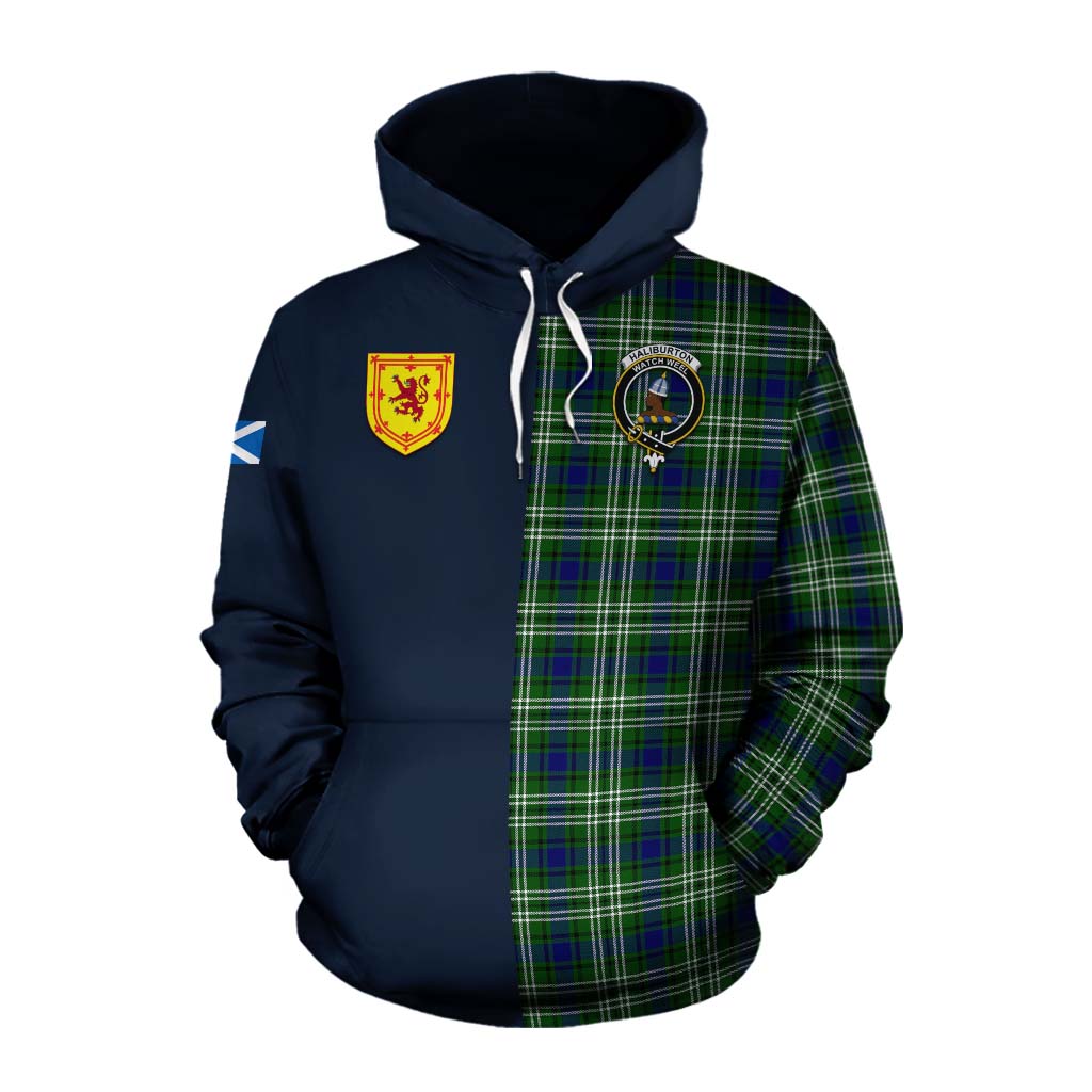 Haliburton Tartan Cotton Hoodie Alba with Scottish Lion Royal Arm Half Style Pullover Hoodie XS - Tartan Vibes Clothing