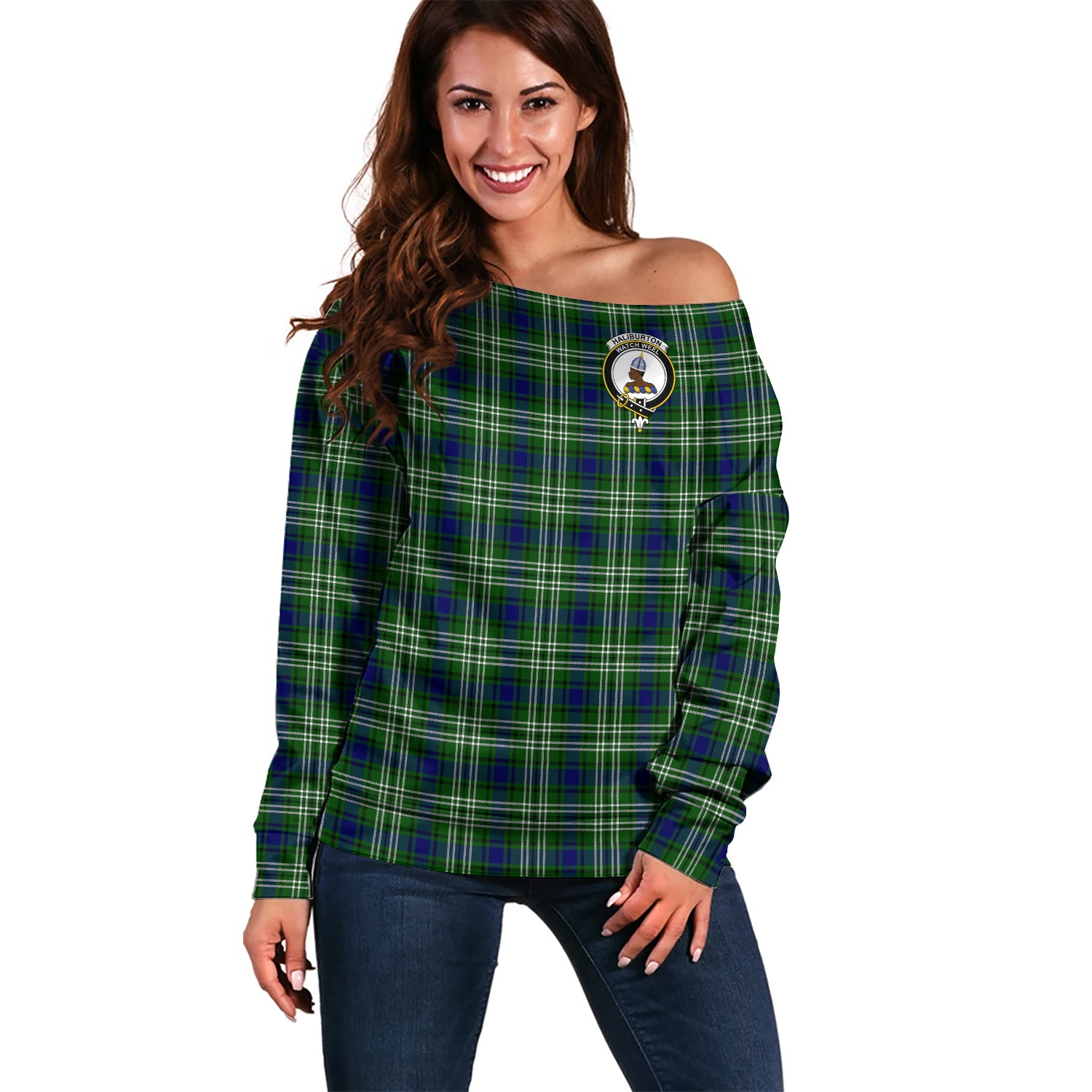 Haliburton Tartan Off Shoulder Women Sweater with Family Crest Women - Tartan Vibes Clothing