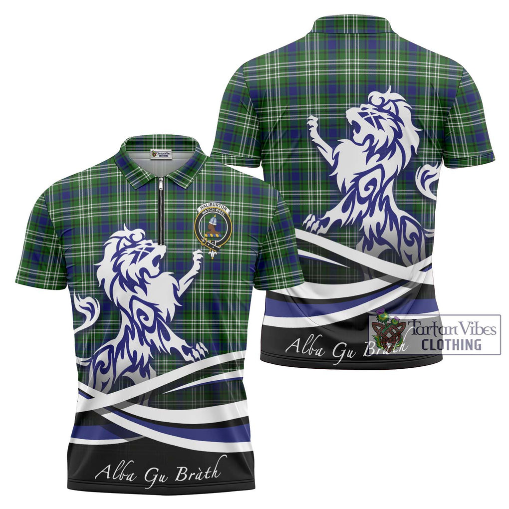 Haliburton Tartan Zipper Polo Shirt with Alba Gu Brath Regal Lion Emblem Unisex - Tartan Vibes Clothing