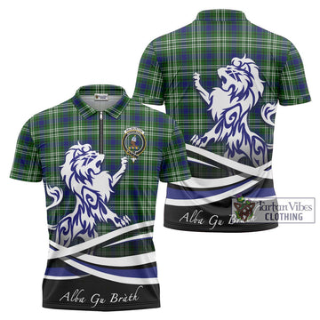 Haliburton Tartan Zipper Polo Shirt with Alba Gu Brath Regal Lion Emblem Unisex - Tartan Vibes Clothing