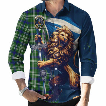 Haliburton Tartan Family Crest Long Sleeve Button Shirt with Scottish Majestic Lion Men's Shirt S - Tartan Vibes Clothing