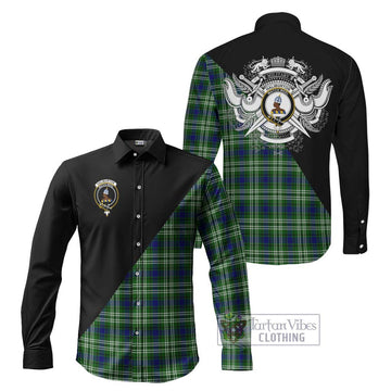 Haliburton Tartan Long Sleeve Button Shirt with Family Crest and Military Logo Style Men's Shirt S - Tartanvibesclothing Shop
