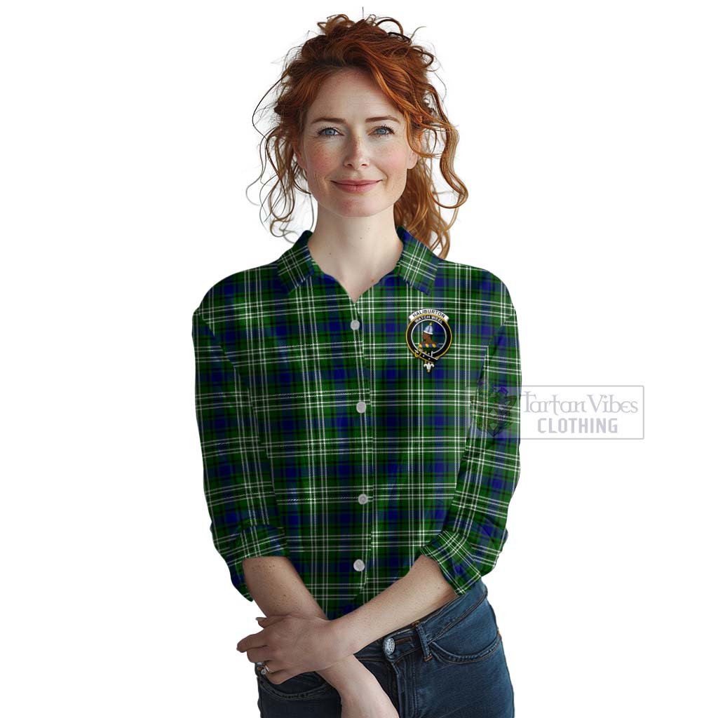 Haliburton Tartan Women's Casual Shirt with Family Crest Celtic Skull Style Female - Tartan Vibes Clothing
