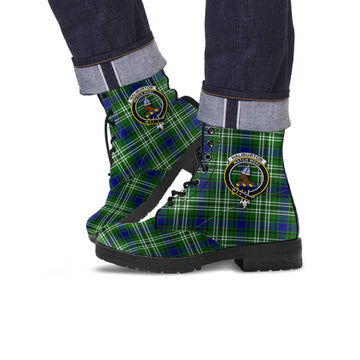Haliburton Tartan Leather Boots with Family Crest Men' Boots - Tartan Vibes Clothing