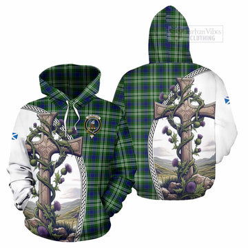 Tartan Vibes Clothing Haliburton Tartan Hoodie with Family Crest and St. Andrew's Cross Accented by Thistle Vines