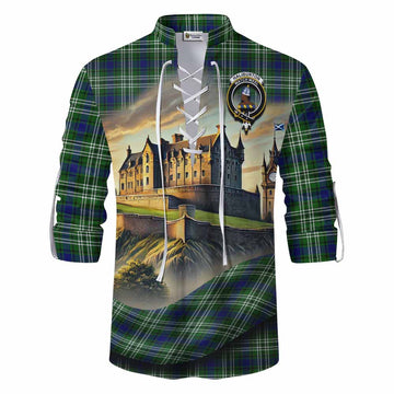 Haliburton Tartan Family Crest Ghillie Kilt Shirt with Scottish Ancient Castle Style Men - Tartan Vibes Clothing