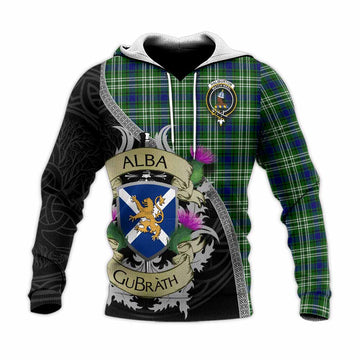 Haliburton Tartan Family Crest Knitted Hoodie Lion Rampant Royal Thistle Shield Celtic Inspired Unisex Knitted Pullover Hoodie - Tartan Vibes Clothing