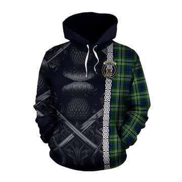 Haliburton Tartan Cotton Hoodie with Family Crest Cross Sword Thistle Celtic Vibes Pullover Hoodie XS - Tartan Vibes Clothing