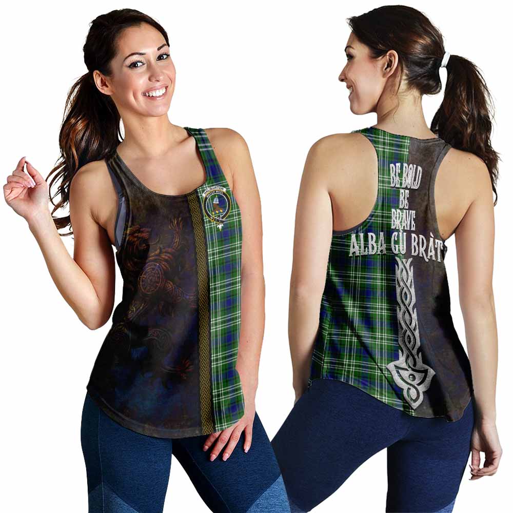 Tartan Vibes Clothing Haliburton Tartan Family Crest Women's Racerback Tanks Alba Gu Brath Be Brave Lion Ancient Style