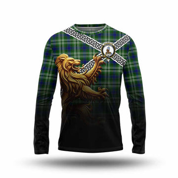 Haliburton Crest Tartan Long Sleeve T-Shirt with Golden Lion Emblem Celtic Style Unisex - Tartan Vibes Clothing