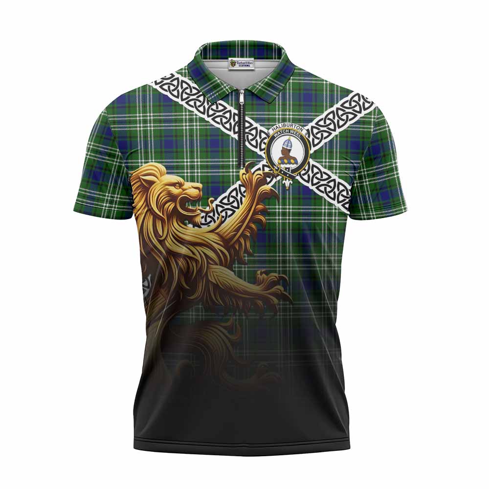 Haliburton Crest Tartan Zipper Polo Shirt with Golden Lion Emblem Celtic Style Unisex - Tartan Vibes Clothing