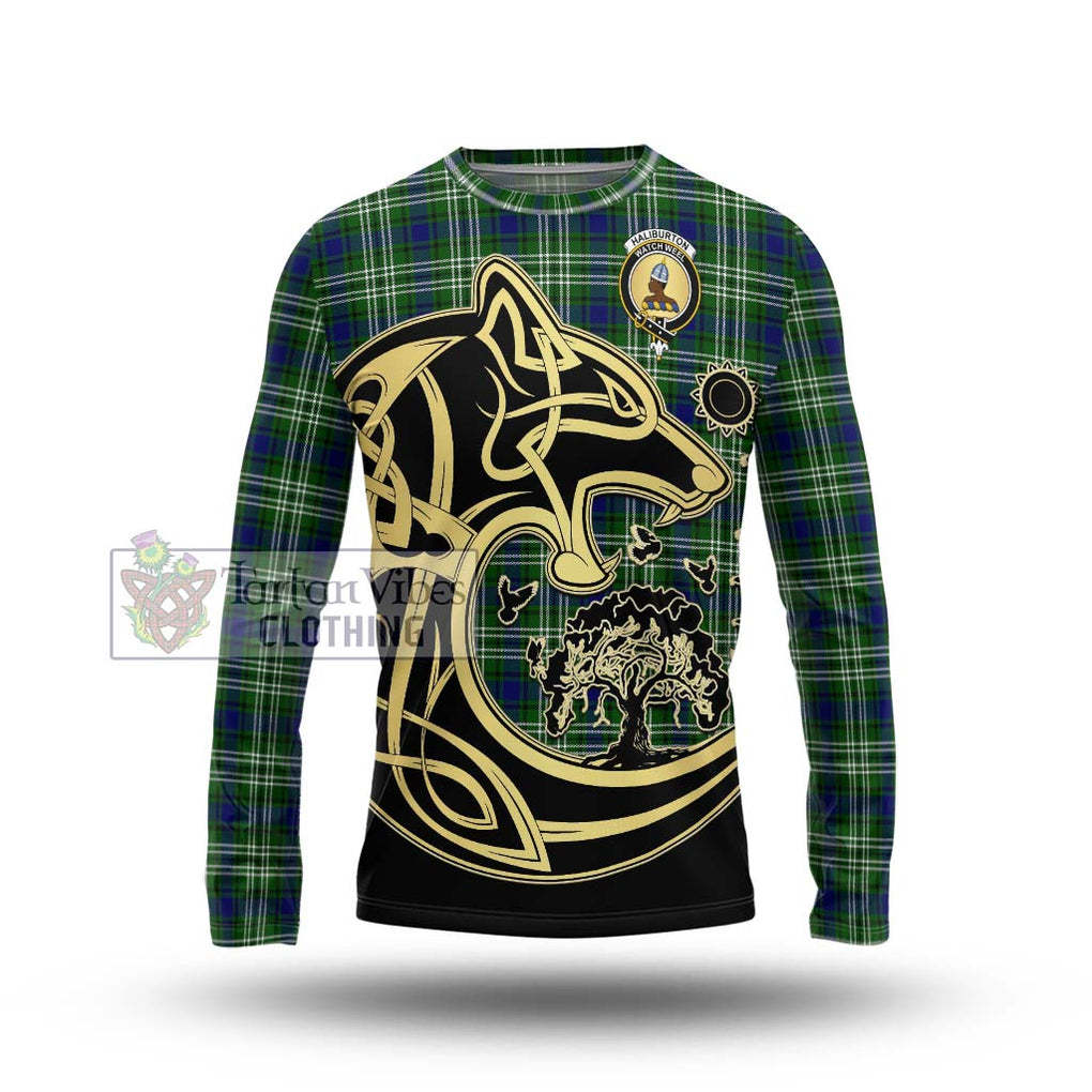 Haliburton Tartan Long Sleeve T-Shirt with Family Crest Celtic Wolf Style Unisex - Tartan Vibes Clothing