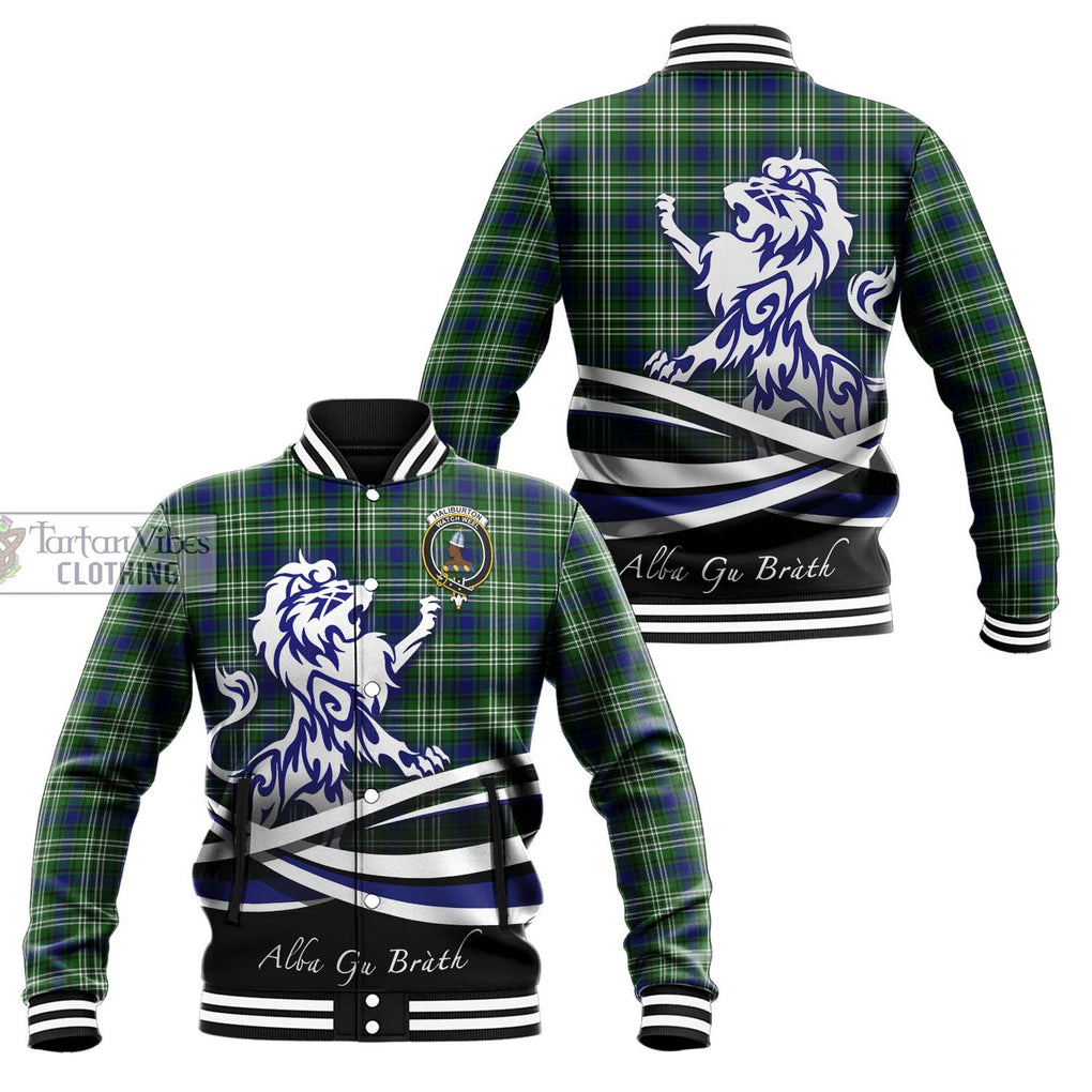Haliburton Tartan Baseball Jacket with Alba Gu Brath Regal Lion Emblem Unisex - Tartan Vibes Clothing