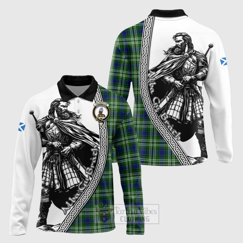 Haliburton Tartan Clan Crest Long Sleeve Polo Shirt with Highlander Warrior Celtic Style Unisex - Tartan Vibes Clothing