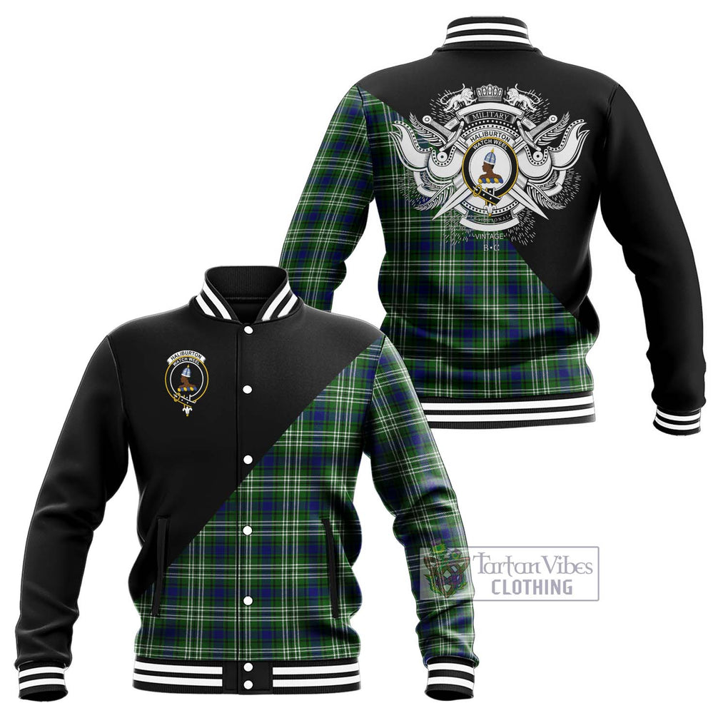 Haliburton Tartan Baseball Jacket with Family Crest and Military Logo Style Unisex - Tartan Vibes Clothing