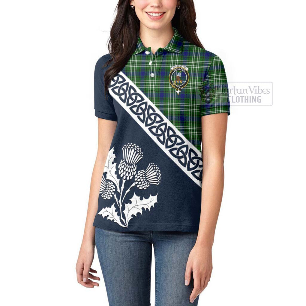 Haliburton Tartan Women's Polo Shirt Featuring Thistle and Scotland Map - Tartanvibesclothing Store
