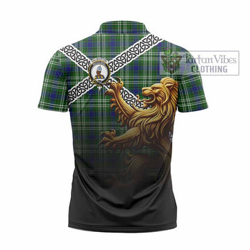 Haliburton Crest Tartan Zipper Polo Shirt with Golden Lion Emblem Celtic Style - Tartan Vibes Clothing