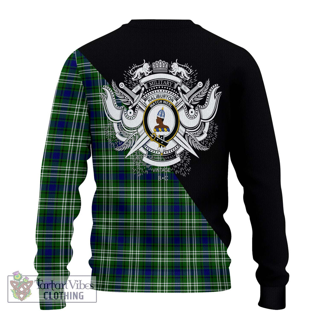 Haliburton Tartan Ugly Sweater with Family Crest and Military Logo Style - Tartan Vibes Clothing
