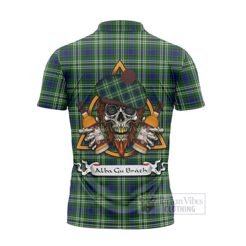 Haliburton Tartan Zipper Polo Shirt with Family Crest and Bearded Skull Holding Bottles of Whiskey - Tartan Vibes Clothing
