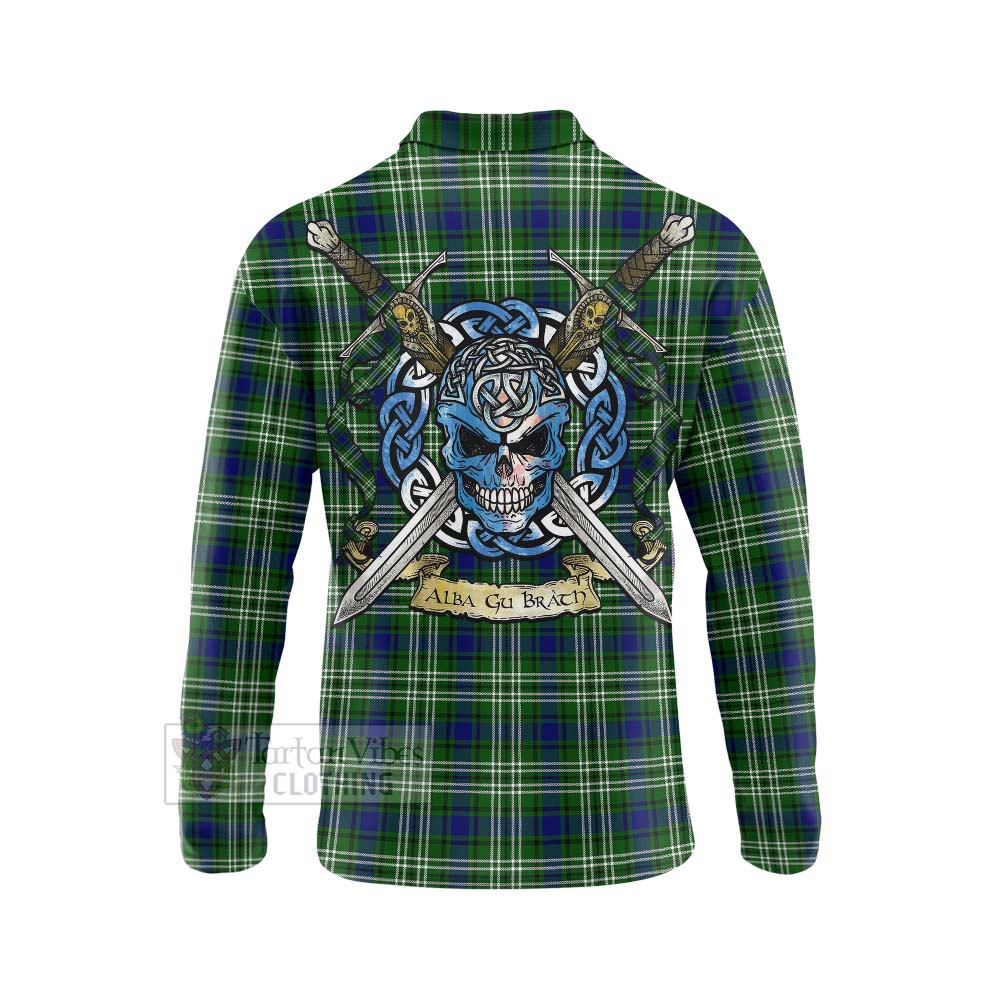 Haliburton Tartan Long Sleeve Polo Shirt with Family Crest Celtic Skull Style - Tartan Vibes Clothing