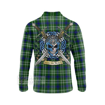 Haliburton Tartan Long Sleeve Polo Shirt with Family Crest Celtic Skull Style - Tartan Vibes Clothing