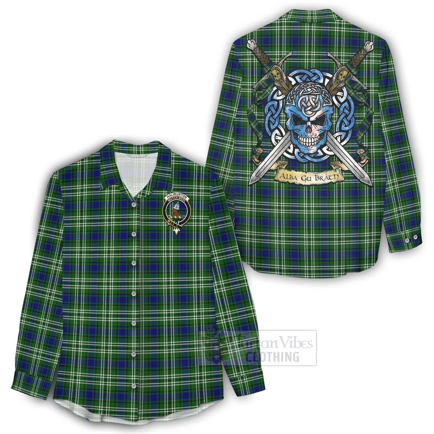Haliburton Tartan Women's Casual Shirt with Family Crest Celtic Skull Style - Tartan Vibes Clothing