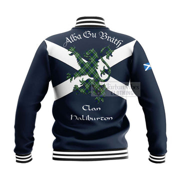 Haliburton Tartan Lion Rampant Baseball Jacket Proudly Display Your Heritage with Alba Gu Brath and Clan Name - Tartan Vibes Clothing